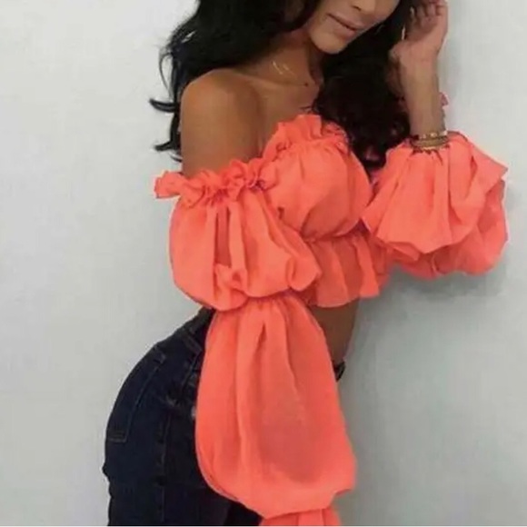 chiffon strapless off shoulder ruffle  crop top - Picture 3 of 3